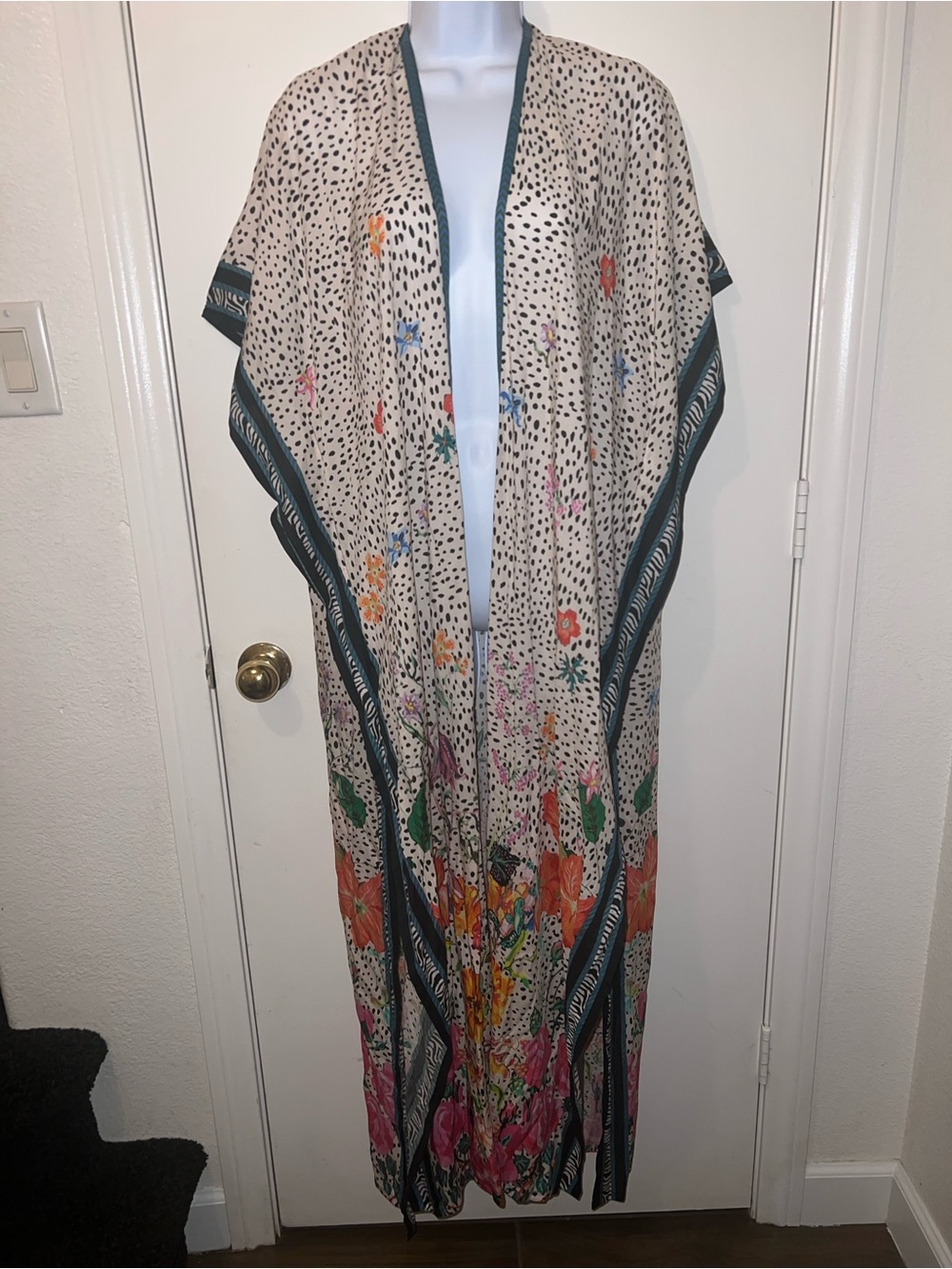 Anthropologie Maeve Cream Kimono with Black Dot and Multicolor Trim